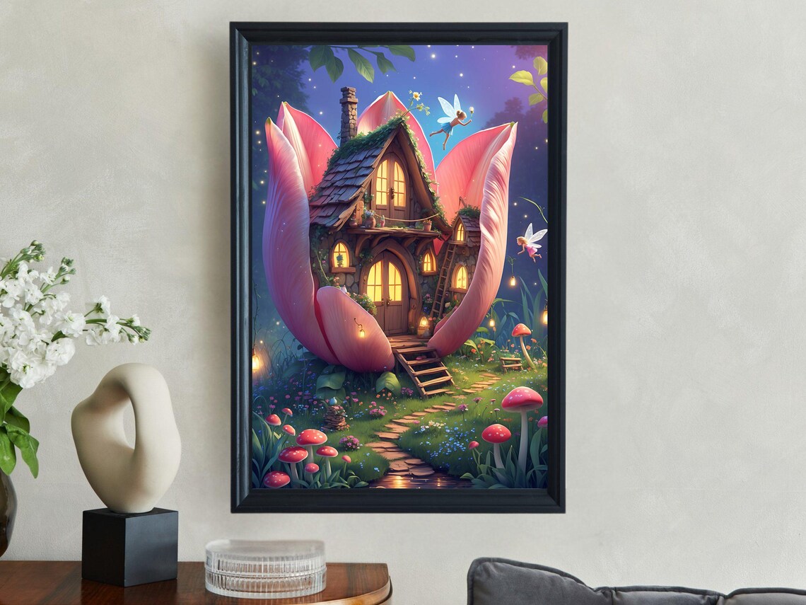 Fairy Cottage Blooming Flower House Magical Night Garden Poster