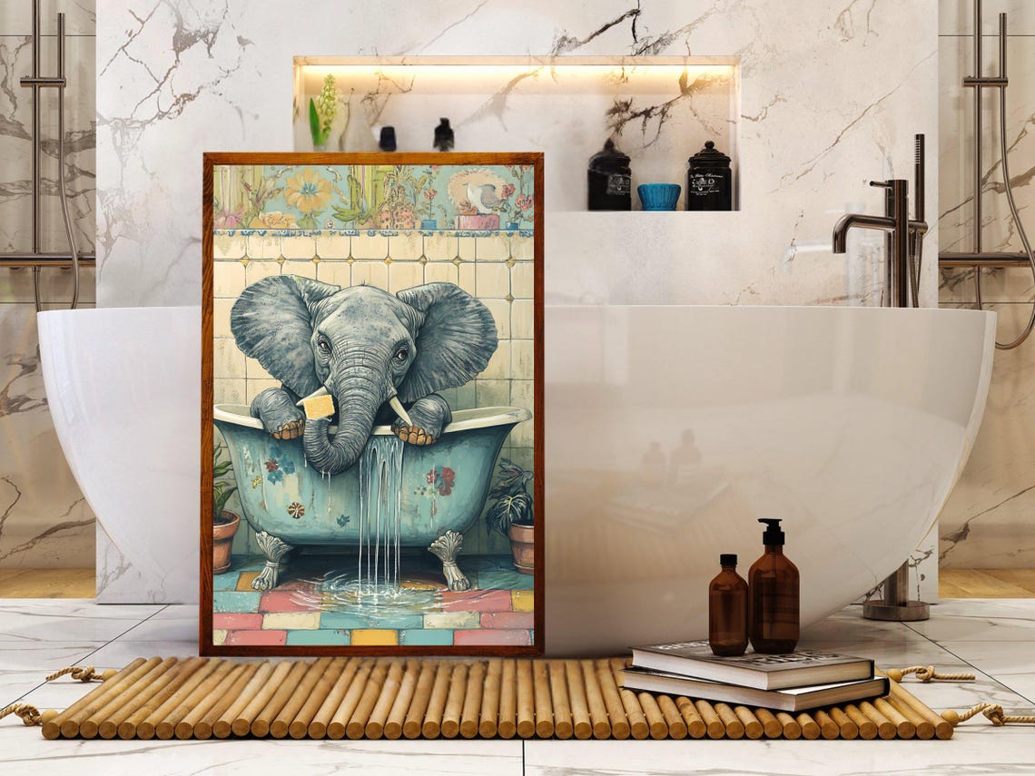 Quirky Elephant Relaxing in a Vintage Floral Clawfoot Bathtub Poster - Image 5