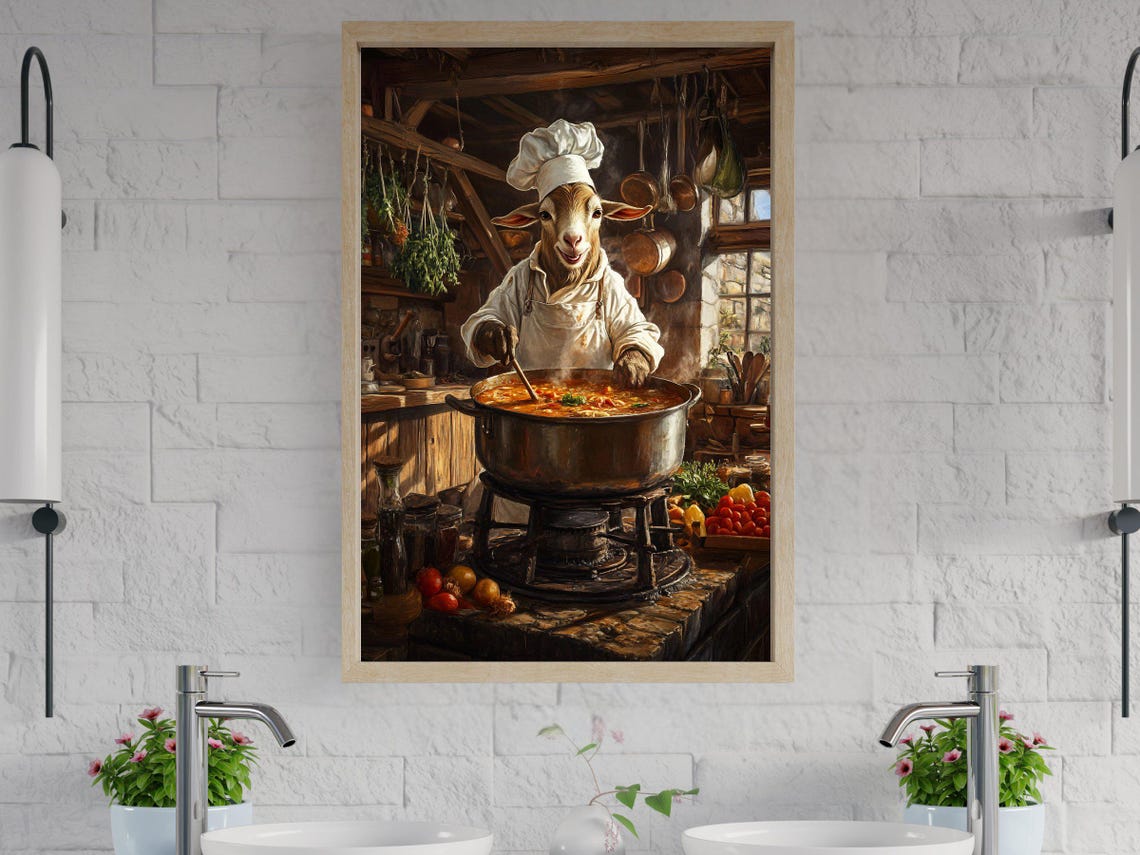 Goat Chef Stirring Steaming Stew Pot in Rustic Kitchen Poster