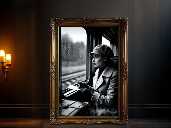 Woman in Hat on Rainy Train with Letter, Vintage Noir Poster