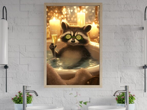 Relaxing Raccoon With Cucumber Slices Toasting in a Bubble Bath Poster