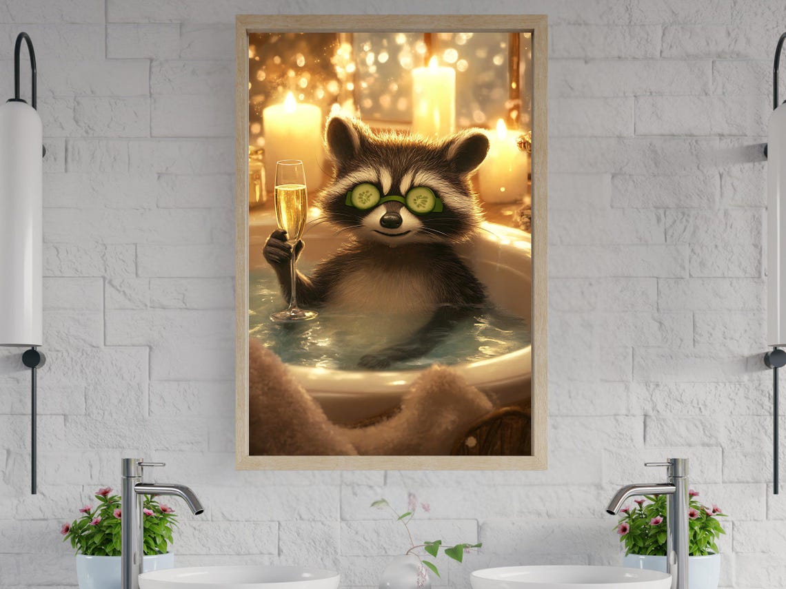Relaxing Raccoon With Cucumber Slices Toasting in a Bubble Bath Poster