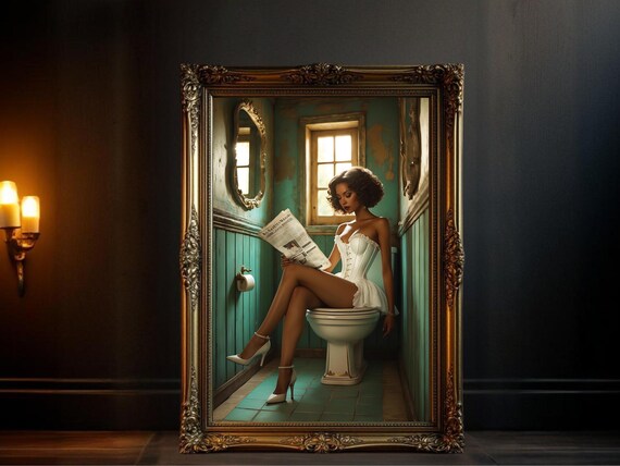 Woman in Corset Reading Newspaper in Quirky Green Bathroom Poster
