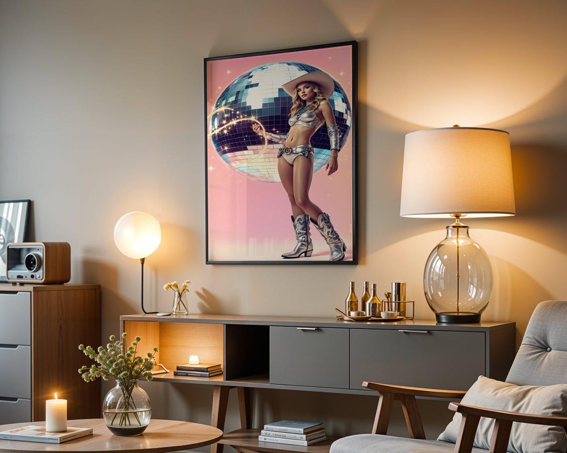 Retro Disco Cowboy Wall Art Space Cowboy Pinup Art Print Retro Glamour Poster Vintage Style Wall Decor Disco Ball Artwork - Image 4