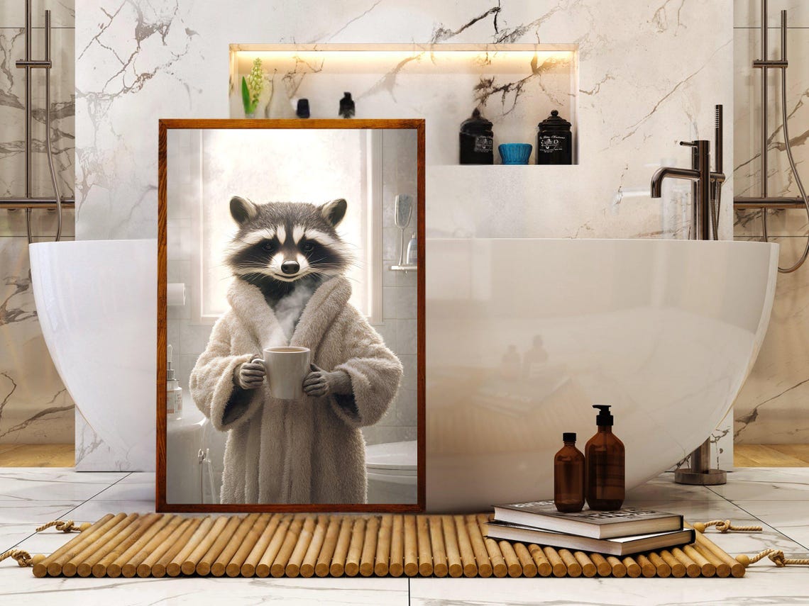 Cozy Raccoon in a Fluffy Bathrobe Holding a Hot Cup of Coffee Poster - Image 5