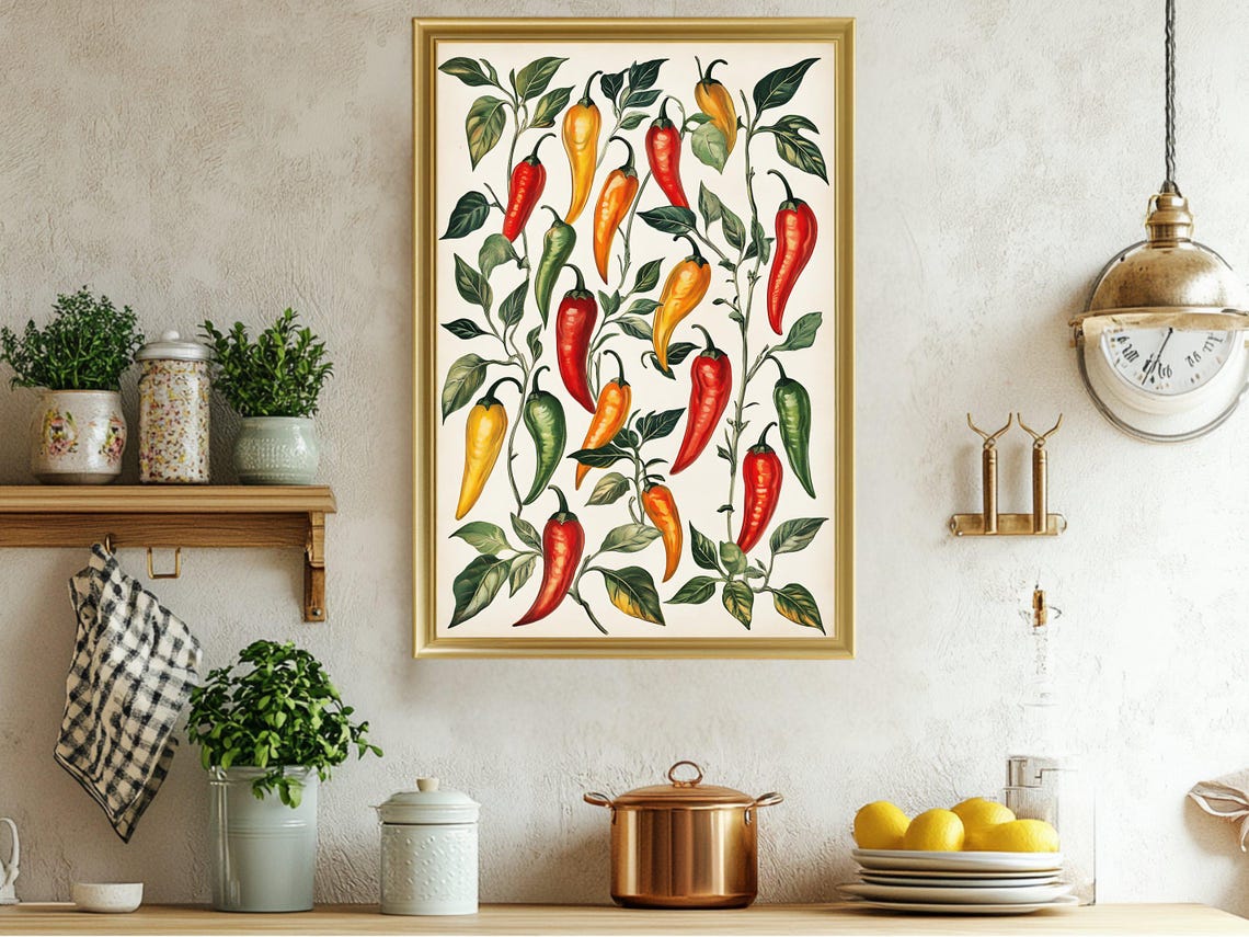 Chili Peppers Botanical Colorful Spicy Kitchen Decor Art Poster