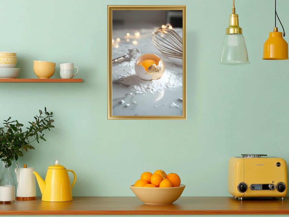 Golden Cracked Eggshell with Yolk Baking Photography Kitchen Poster - Image 3