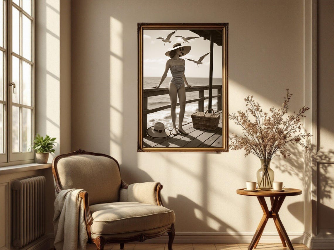 Woman in Vintage Striped Swimsuit on Beach Pier, Seagulls Poster - Image 2