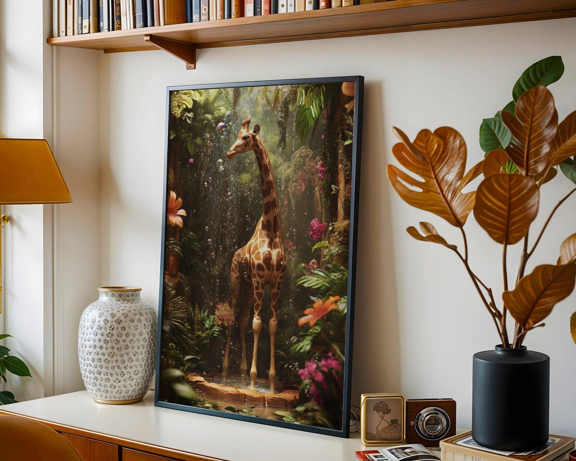 Giraffe Showering Under a Waterfall in a Tropical Jungle Poster - Image 4