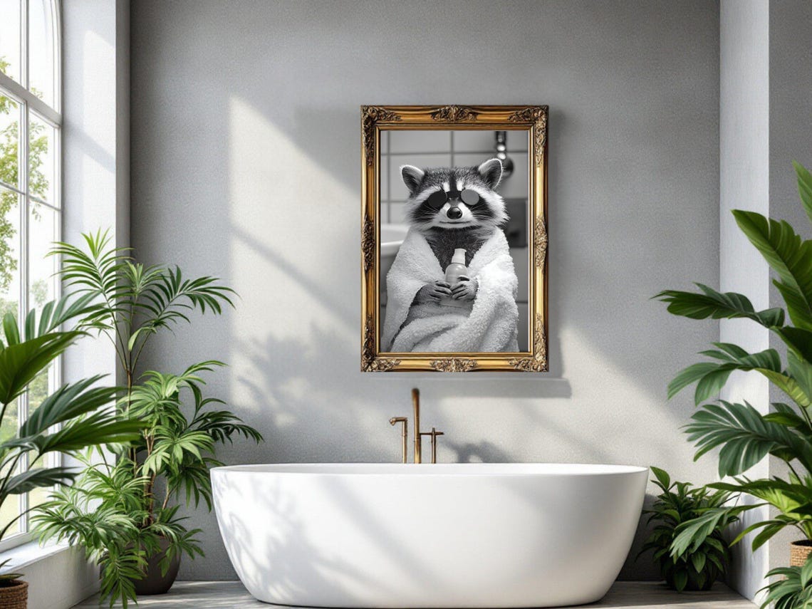 Raccoon In Towel With Soap Bottle Black And White Bathroom Poster - Image 3