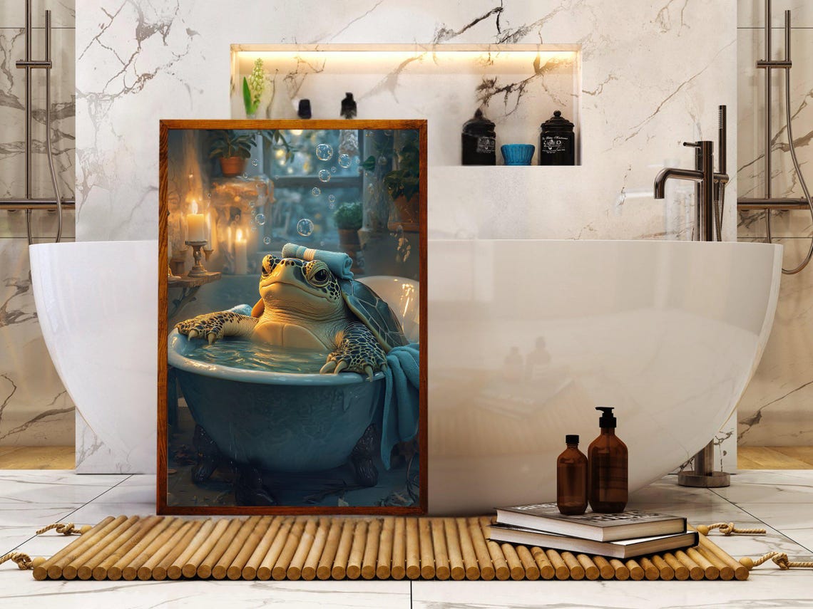 Relaxing Sea Turtle Soaking in a Candlelit Vintage Bathtub Poster - Image 5
