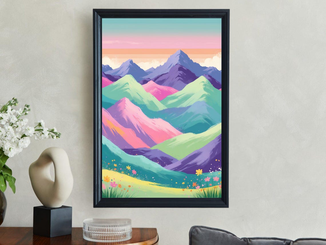 Colorful Mountain Landscape Wall Art Pastel Mountains Print Nature Illustration Wall Decor Scenic Mountain View Poster