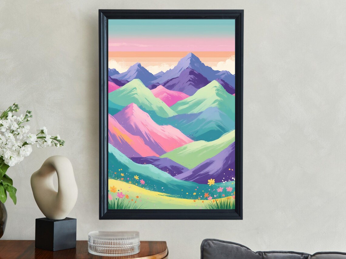 Pastel Rainbow Mountain Landscape Colorful Peaks Meadow Art Print
