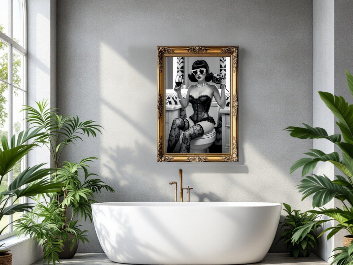 Retro Pin Up Woman With Vintage Camera And Wine Glass Poster - Image 3