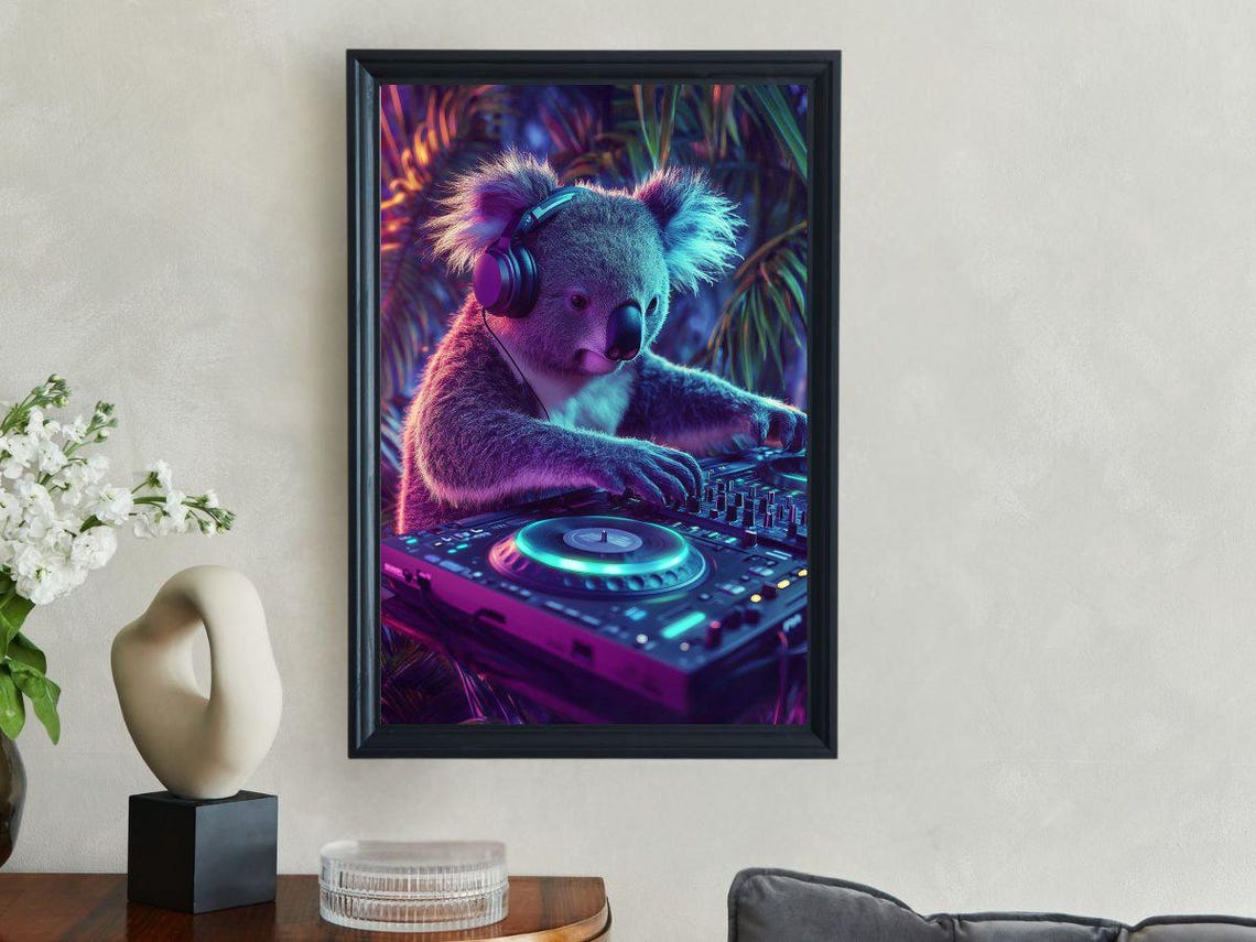 DJ Koala Spinning Records in Neon Colors Vibrant Music Room Wall Art