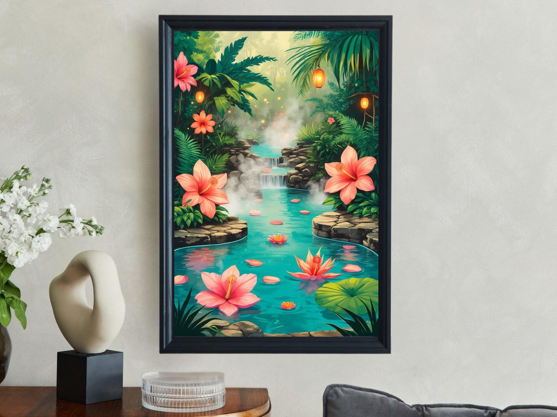 Tropical Waterfall Pool With Pink Hibiscus And Hanging Lanterns Poster