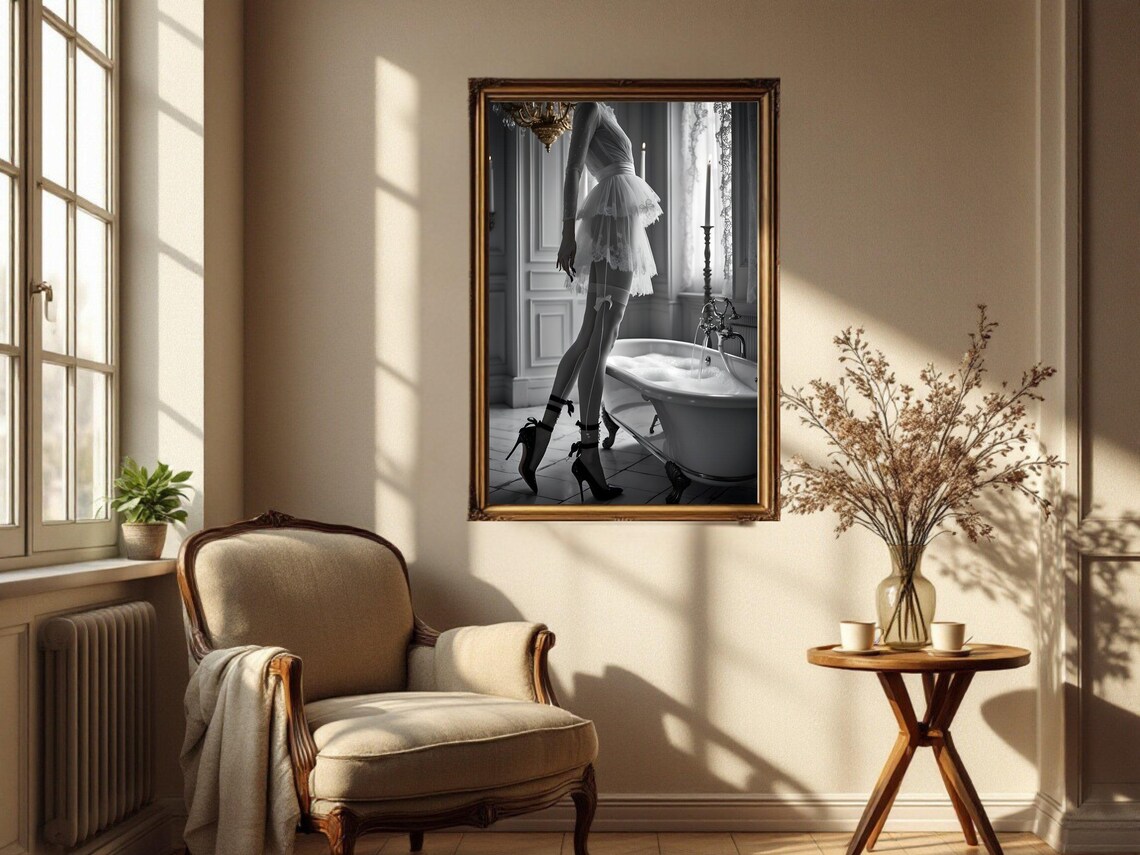 Woman In Short White Dress Walking Past A Clawfoot Tub Poster - Image 2
