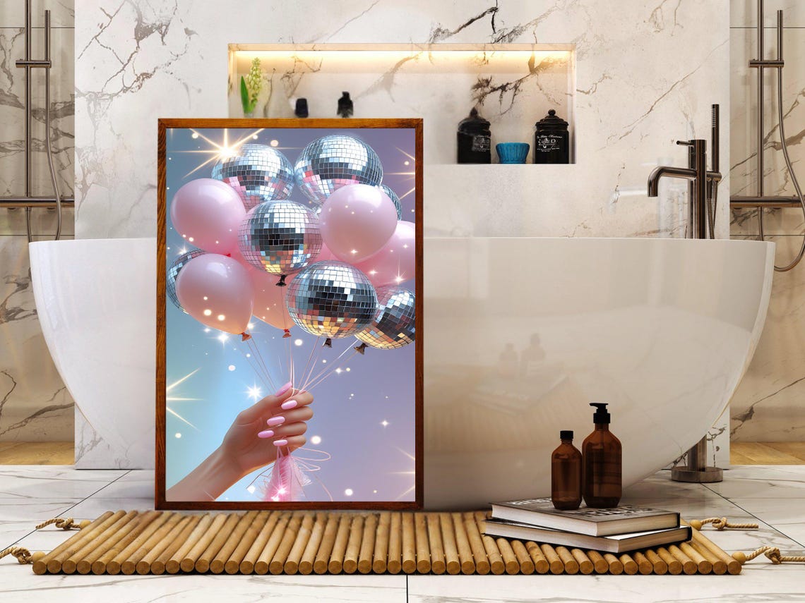 Hand Holding Disco Ball And Pink Balloon Bouquet Celebration Poster - Image 2