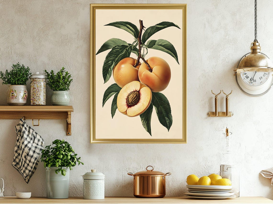 Vintage Peach Branch Botanical Fruit Illustration Kitchen Poster
