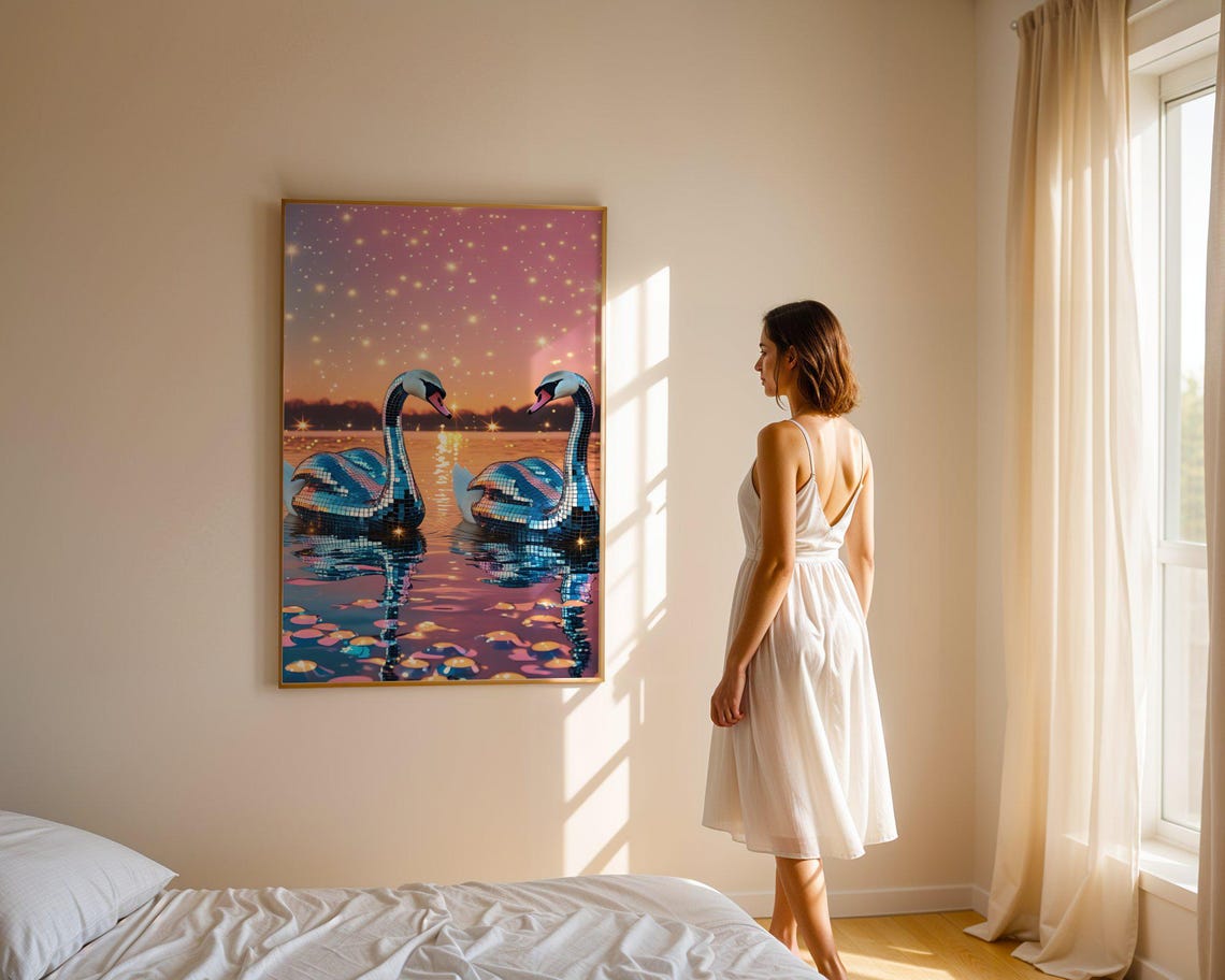 Mirror Disco Ball Swans Pink Sunset Lake Reflection Art Poster - Image 3