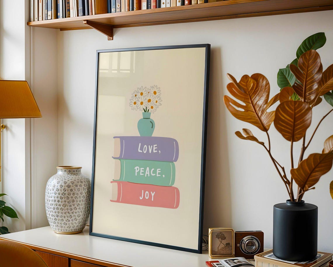 Love Peace Joy Book Stack with Daisy Vase Pastel Floral Wall Art - Image 5