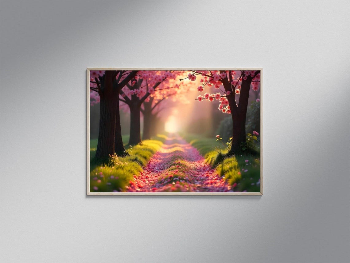 Cherry Blossom Pathway at Sunrise Covered in Fallen Pink Petals Poster