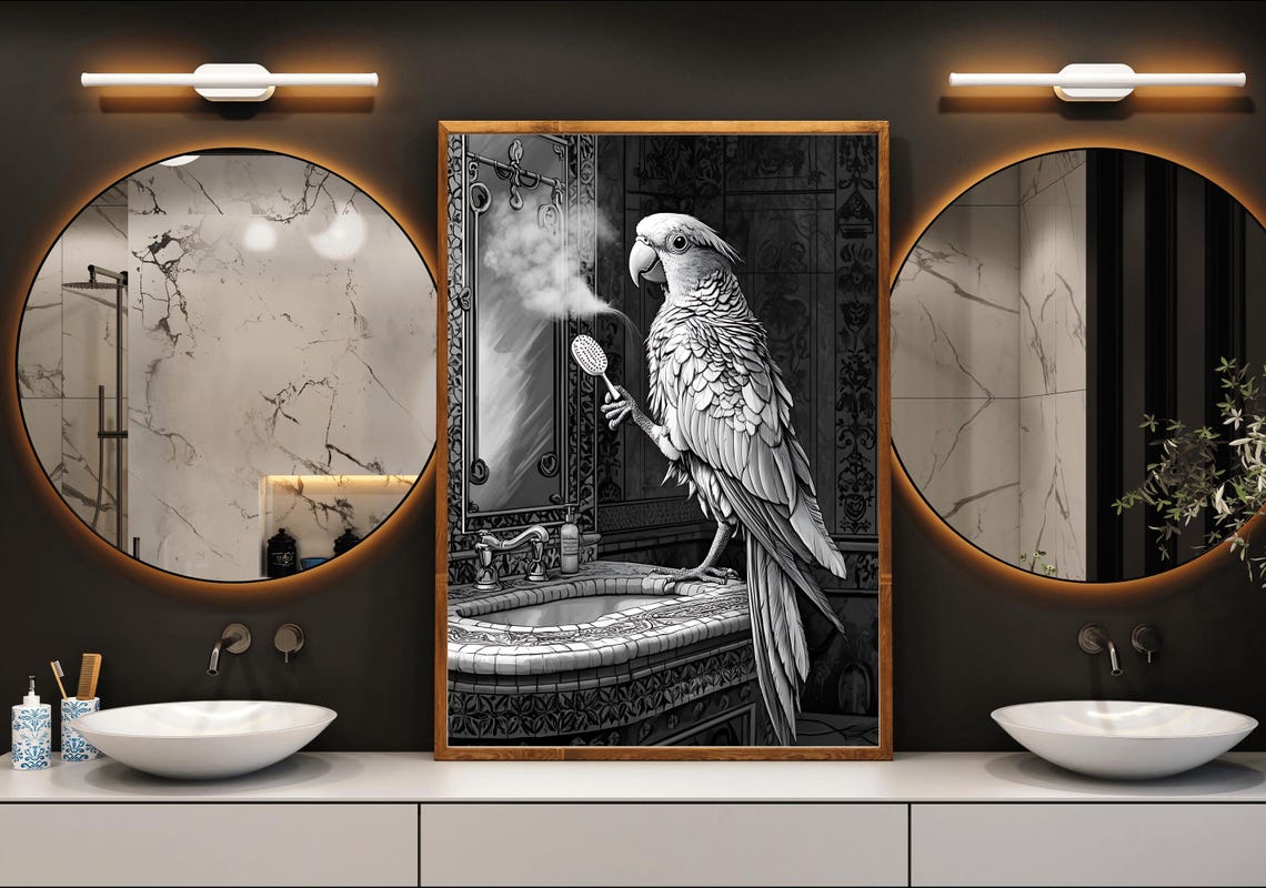 Parrot Holding a Shower Brush at an Ornate Sink Black and White Poster - Image 3