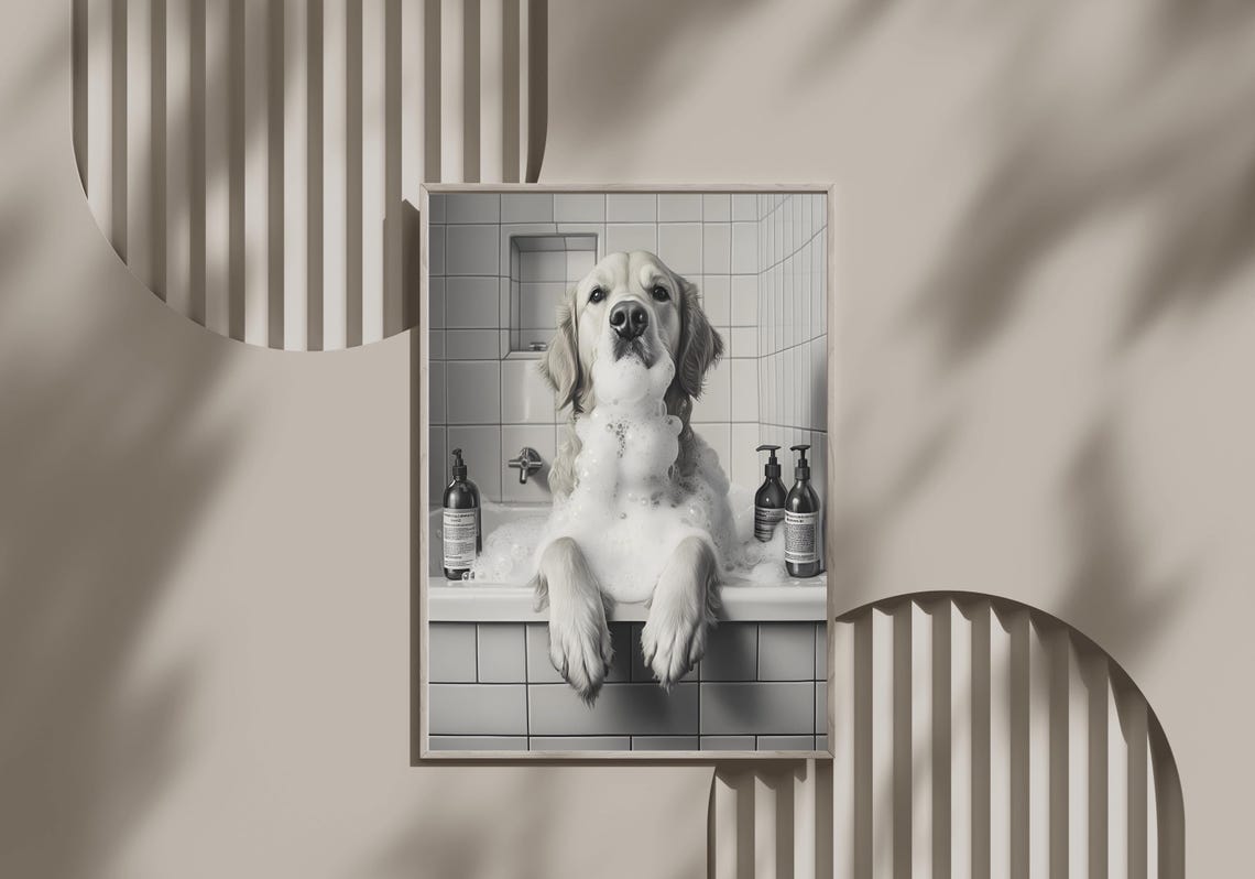 Golden Retriever Enjoying a Bubble Bath Black and White Dog Poster
