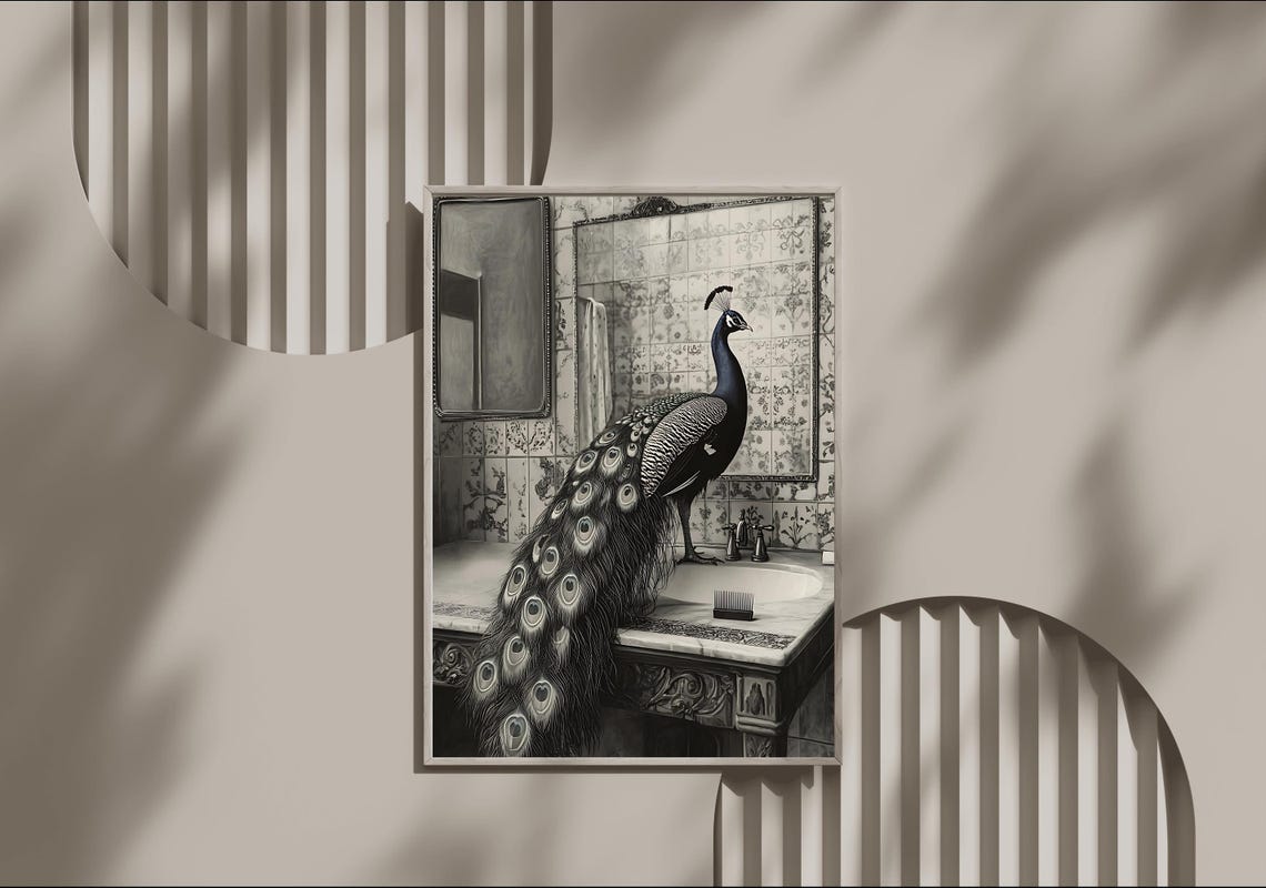 Peacock Perched on an Ornate Bathroom Sink Black and White Poster