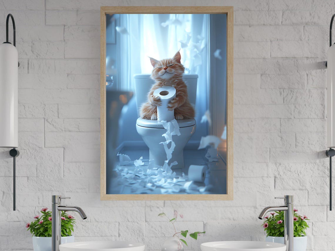 Playful Ginger Cat Shredding a Toilet Paper Roll Bathroom Poster