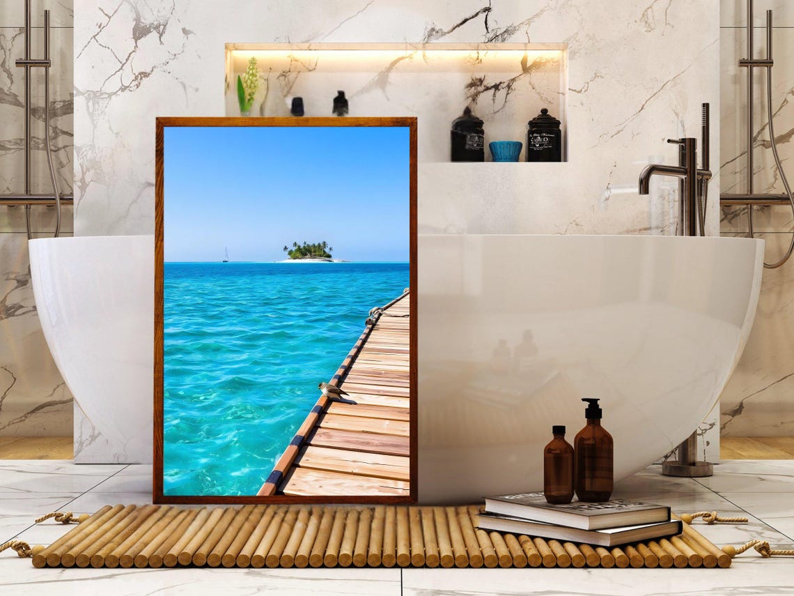 Wooden Pier Walkway Leading to Tropical Island with Sailboat Poster - Image 2