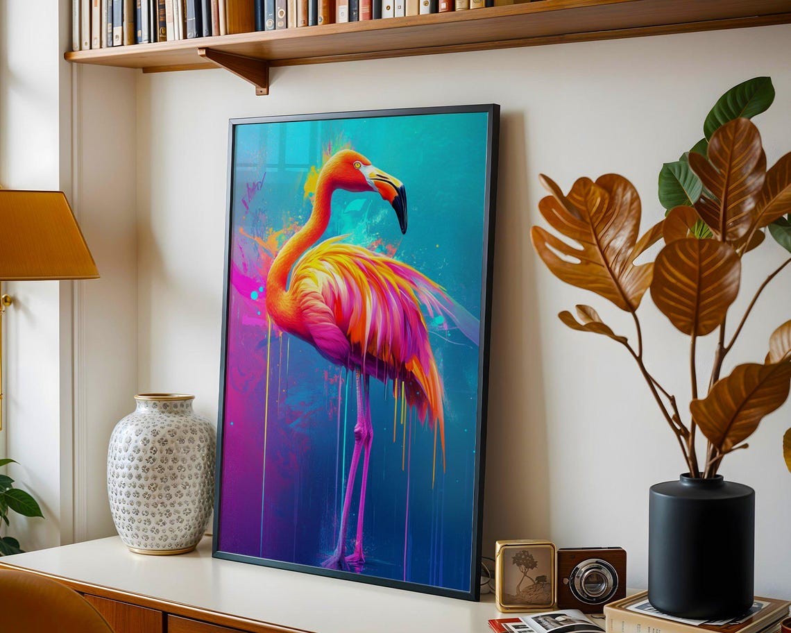 Vibrant Flamingo Graffiti Splash Portrait Modern Bird Wall Poster - Image 2