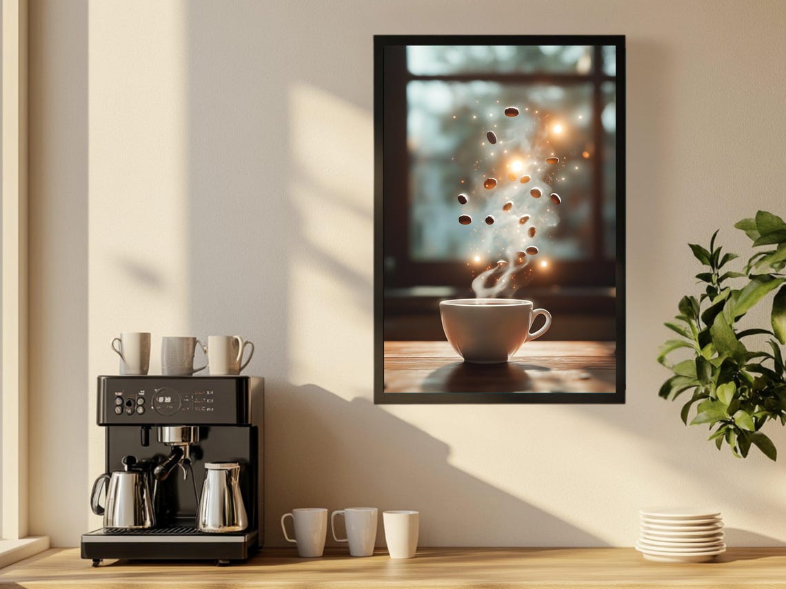 Dreamy Coffee Cup With Floating Beans Cozy Cafe Drink Poster - Image 2