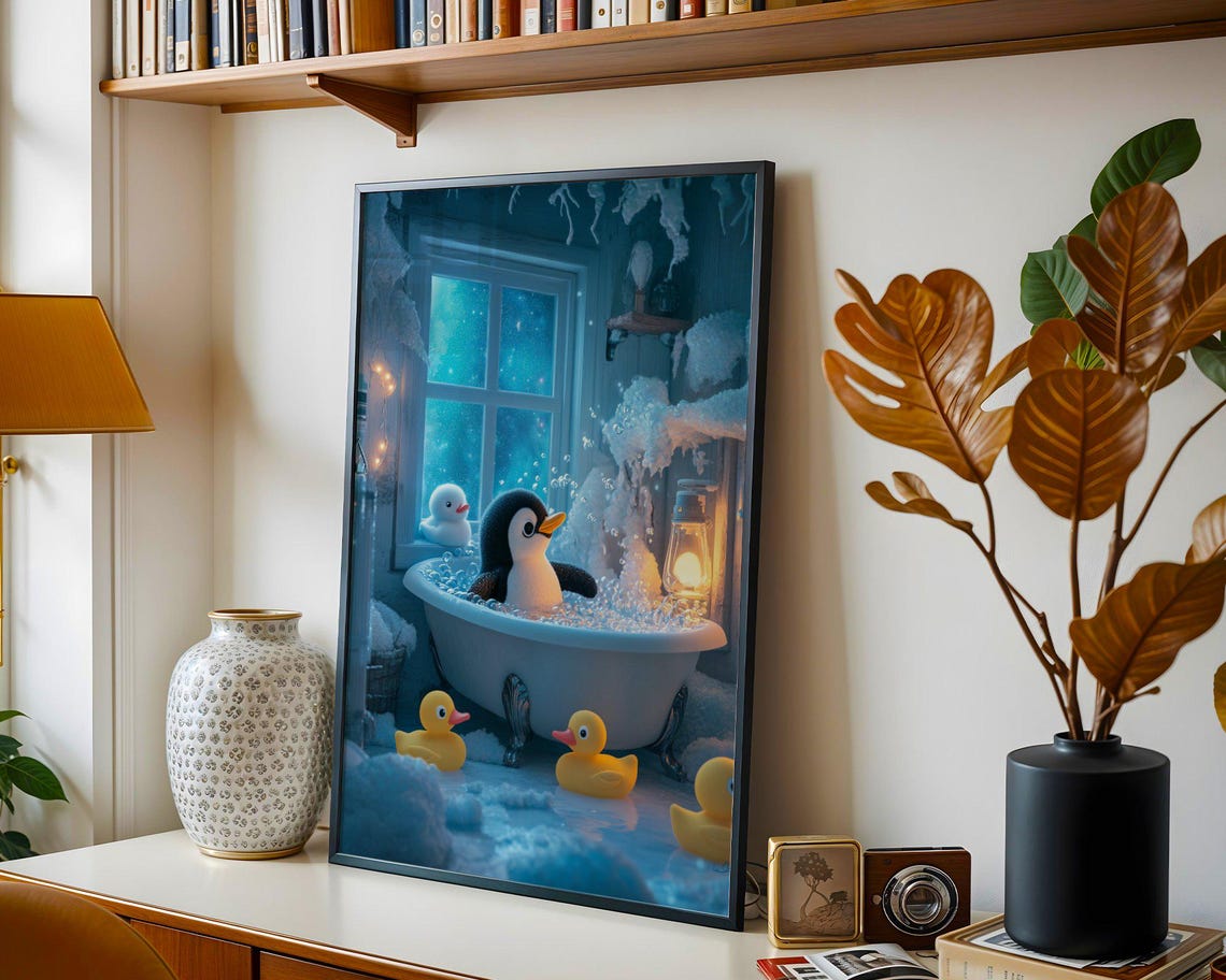 Penguin Bubble Bath with Rubber Ducks in Winter Scene Poster - Image 4