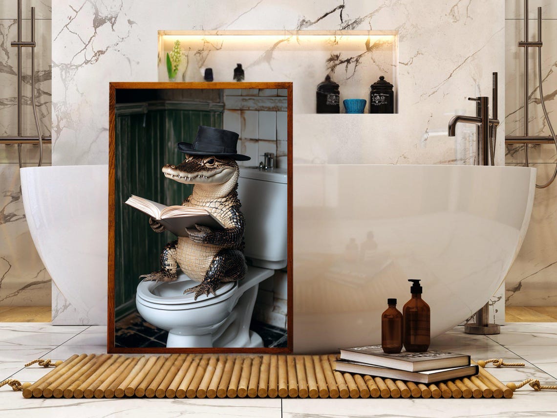 Alligator Wearing a Top Hat Reading a Book on the Toilet Poster - Image 5