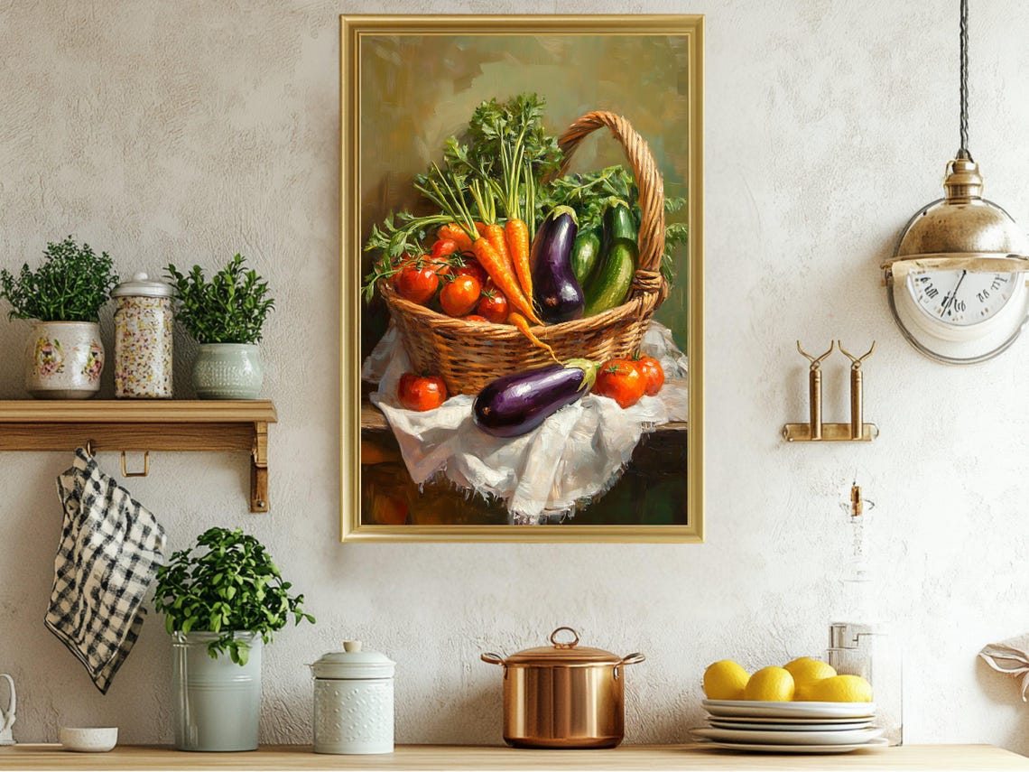 Wicker Basket of Fresh Carrots Tomatoes and Eggplant Still Life Poster