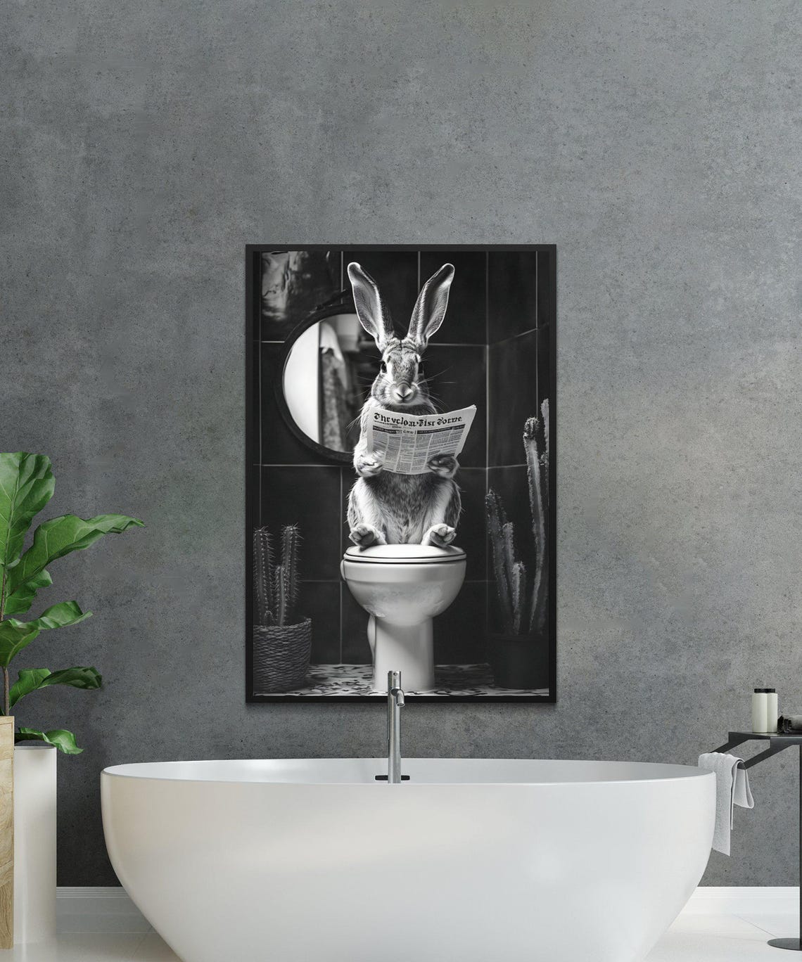 Rabbit Reading a Newspaper While Sitting on a White Toilet Poster - Image 2