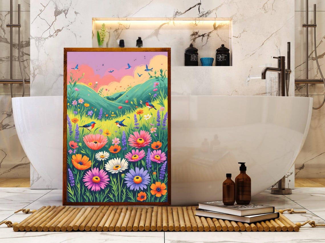 Wildflower Meadow With Birds Pink Sunset Spring Field Poster - Image 5
