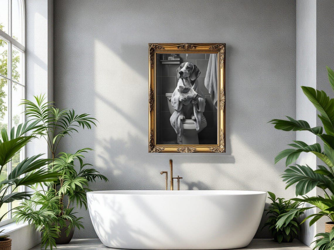 Beagle In Bathrobe Reading Newspaper On Toilet Black And White Poster - Image 3