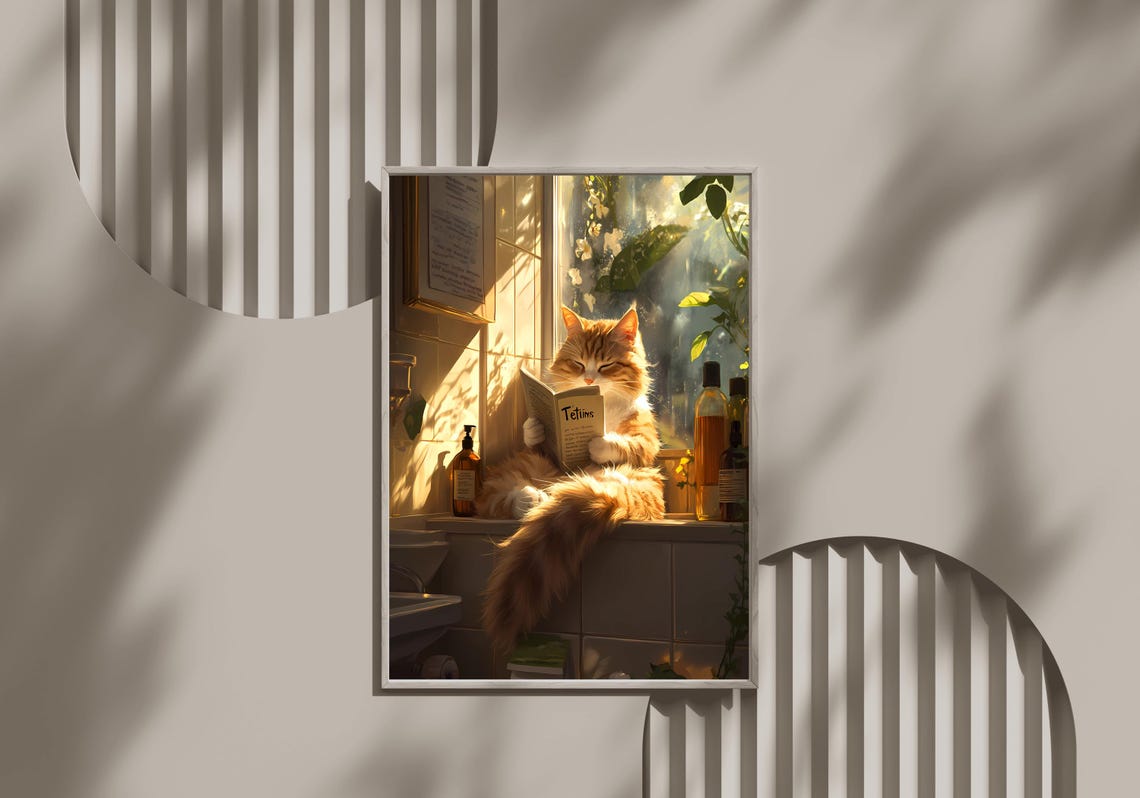 Ginger Cat Reading A Newspaper On A Sunny Bathroom Windowsill Poster