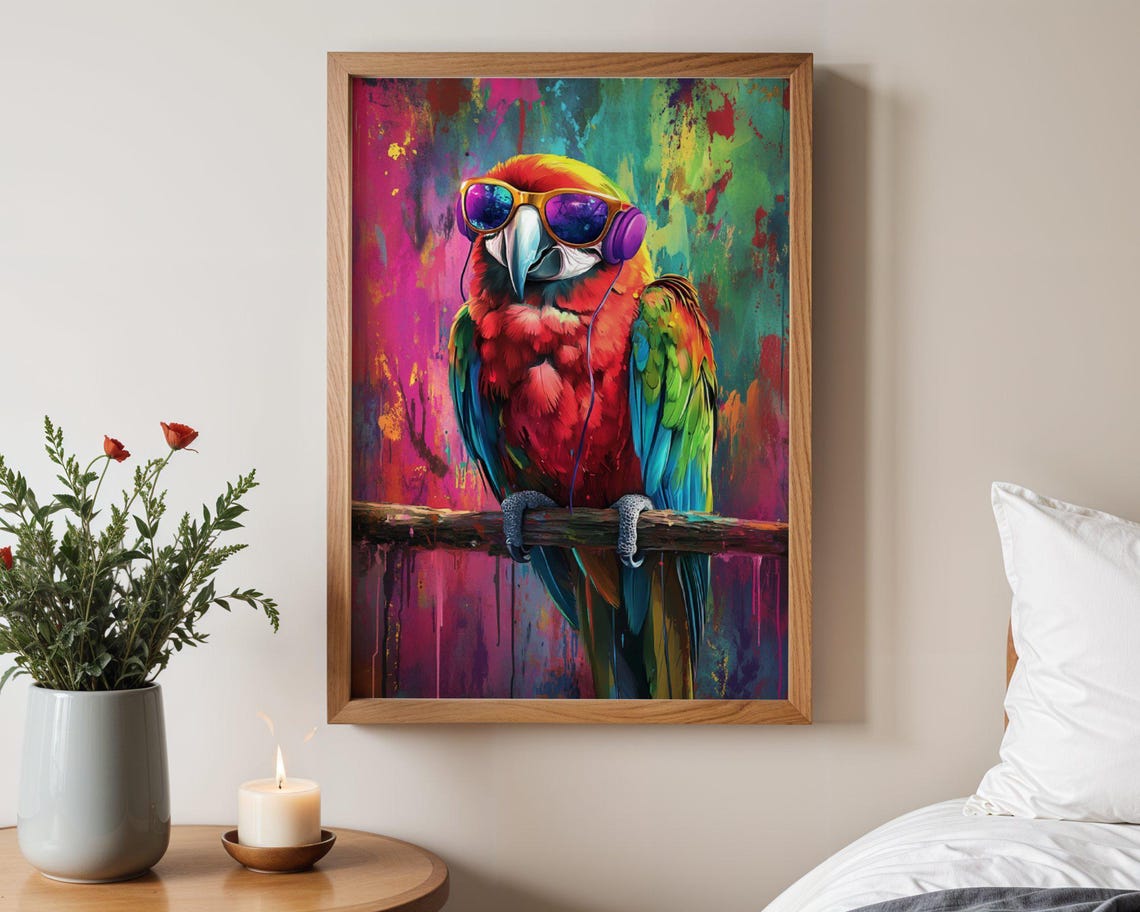Scarlet Macaw With Orange Sunglasses and Headphones Art Poster