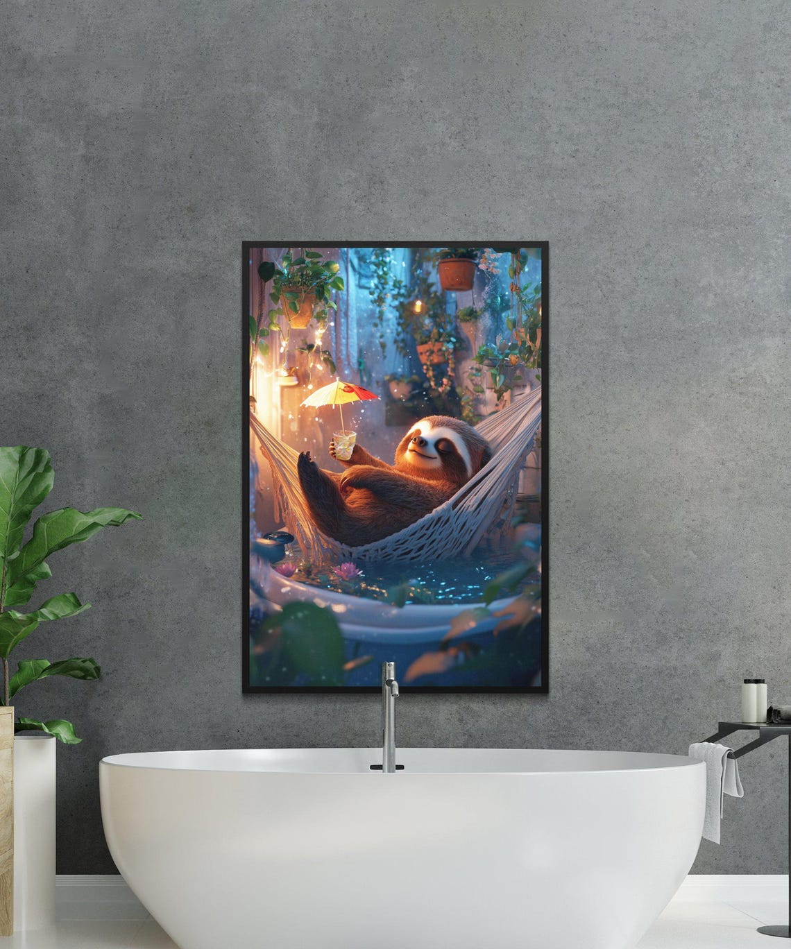 Sloth Relaxing in a Hammock With Tropical Cocktail at Twilight Poster - Image 2