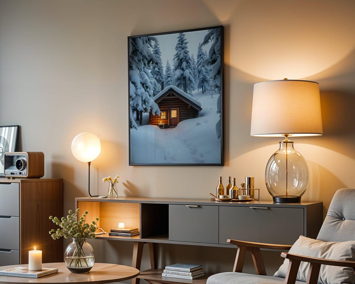 Snowy Log Cabin With Warm Glow in Winter Forest at Dusk Poster - Image 5