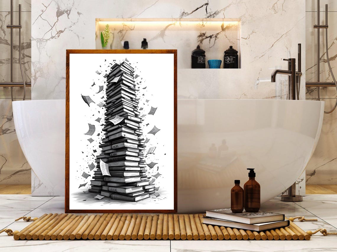 Towering Stack Of Books With Flying Pages Black White Poster - Image 4