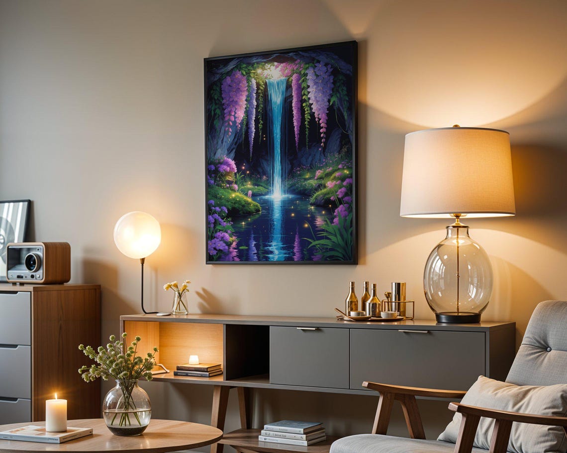 Waterfall Grotto With Hanging Wisteria In Magical Cave Poster - Image 3