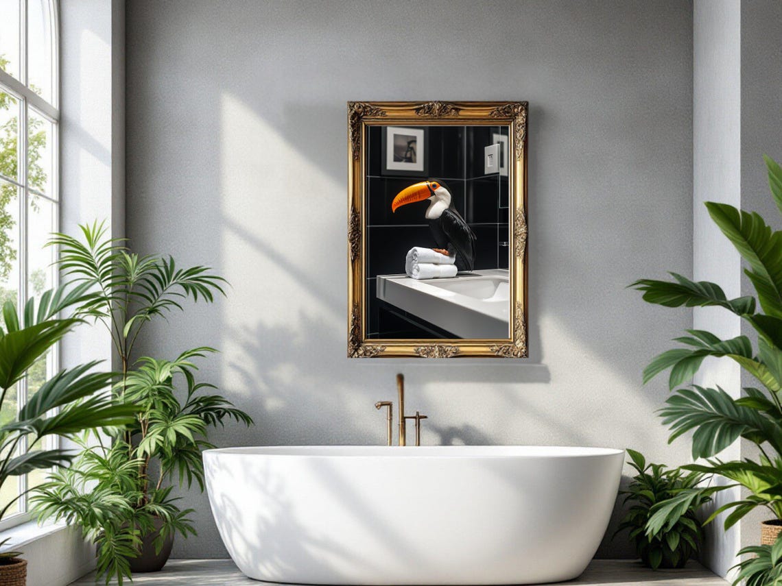 Vibrant Toco Toucan Perched on Folded Towels at the Sink Poster - Image 3