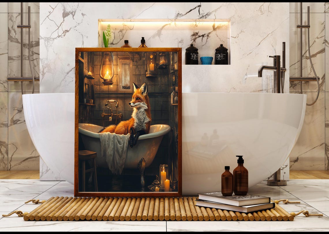 Fox Relaxing In Lantern Lit Vintage Bathtub Animal Art Poster - Image 5