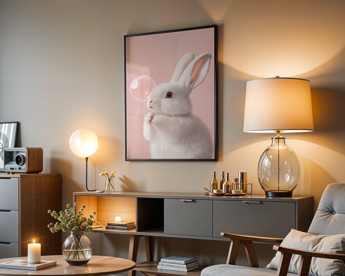 White Bunny Blowing Crystal Clear Bubble on Pink Sky Art Poster - Image 3