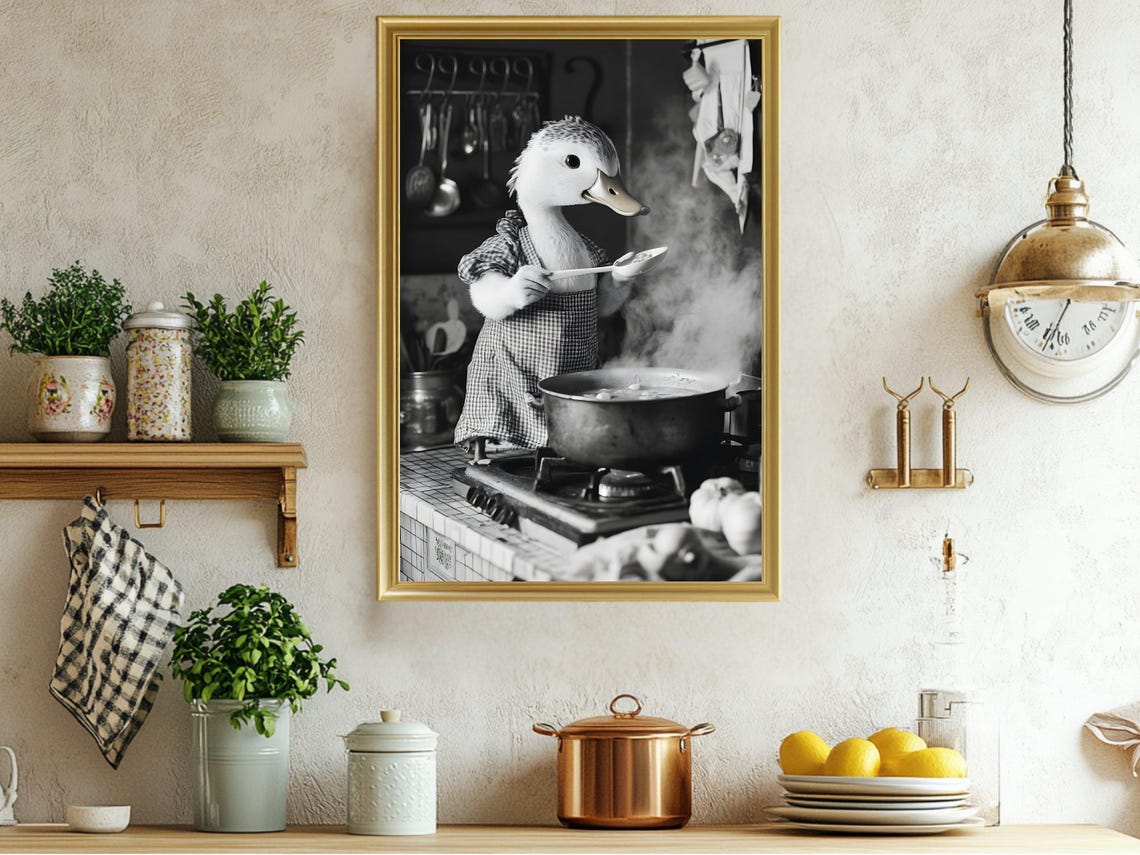 Duck Chef Stirring Soup Quirky Black and White Kitchen Poster