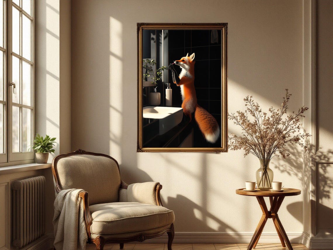 Red Fox Standing at the Bathroom Sink Brushing Its Teeth Poster - Image 4